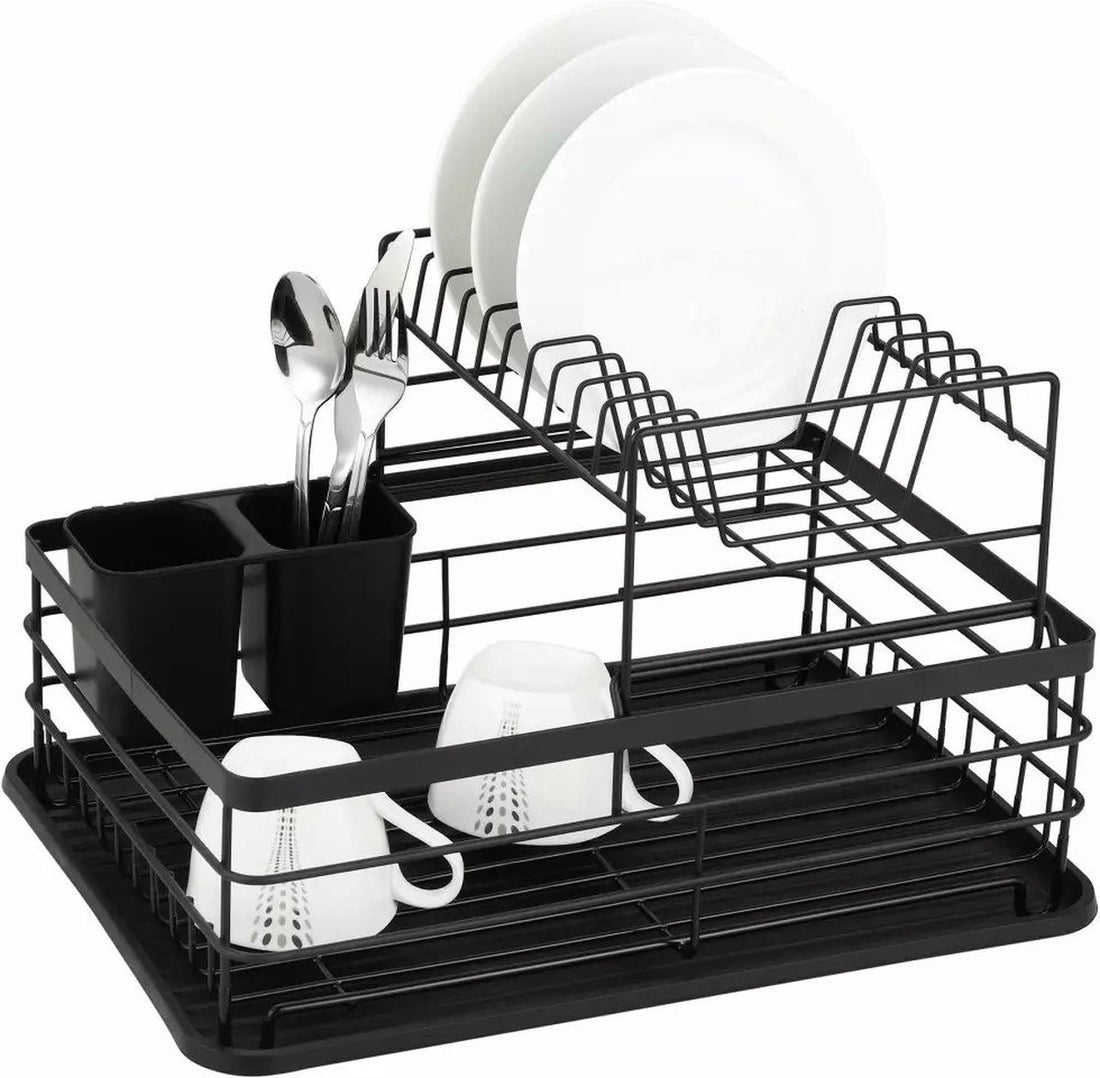 Afdruiprek met lekbak en bestekbak – 2 niveaus, zwart, 43 x 29 x 27 cm