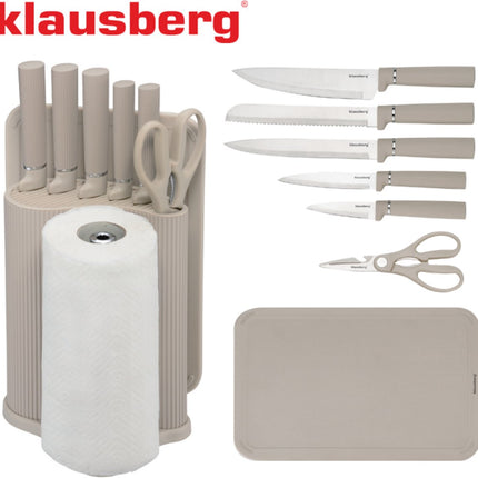 Klausberg KB-7978 Ensemble de cuisine 8 pièces - Jeu de couteaux avec planche à découper et support de rouleau de papier - Acier inoxydable beige