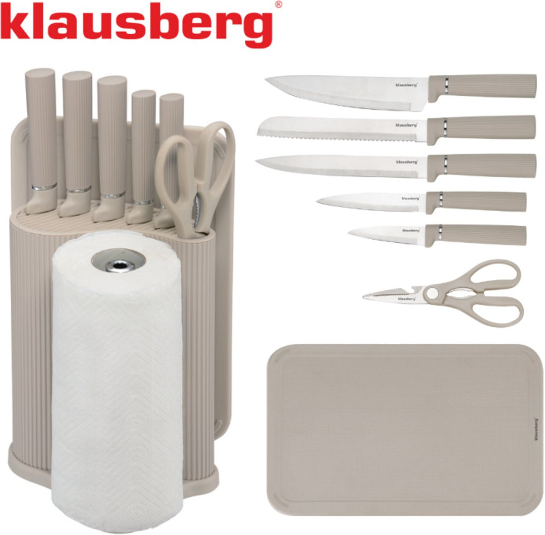 Klausberg KB-7978 8-teiliges Küchenset - Messerset mit Schneidebrett und Papierrollenhalter - Beige Edelstahl