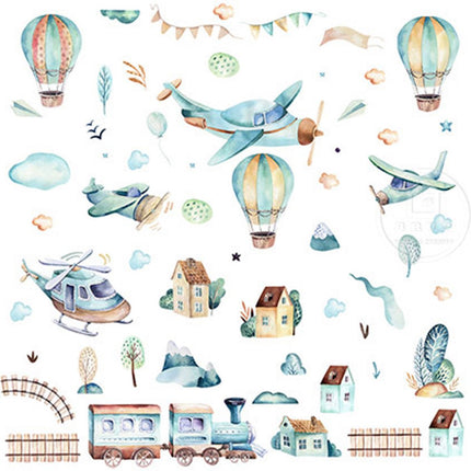 Sticker mural Avions et Montgolfières - Décoration murale adhésive pour chambre d'enfant - 90x90 cm - Sticker mural Avion pour chambre de garçon et crèche
