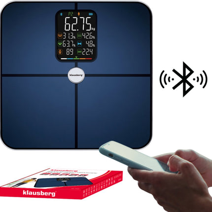 Klausberg KB-7940 Pèse-personne intelligent – Analyse corporelle BIA – Application Bluetooth – 180 kg – Bleu foncé – Masse Grasse, Masse Musculaire, Hydratation, IMC