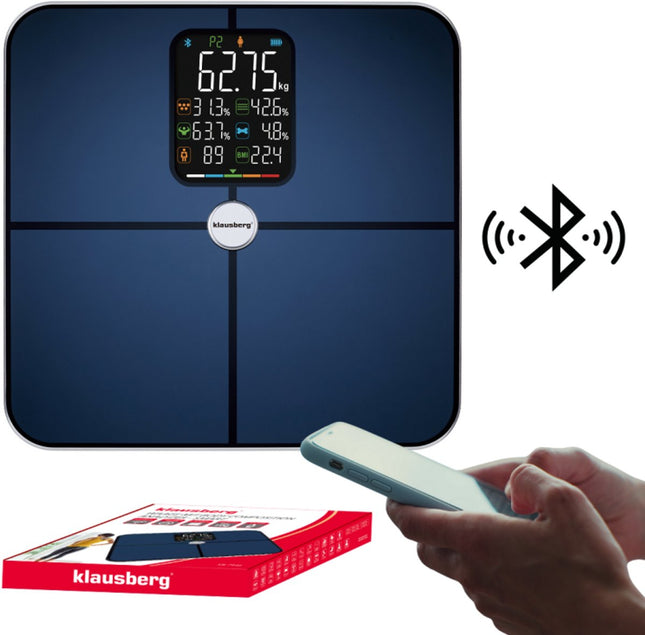 Klausberg KB-7940 Pèse-personne intelligent – Analyse corporelle BIA – Application Bluetooth – 180 kg – Bleu foncé – Masse Grasse, Masse Musculaire, Hydratation, IMC