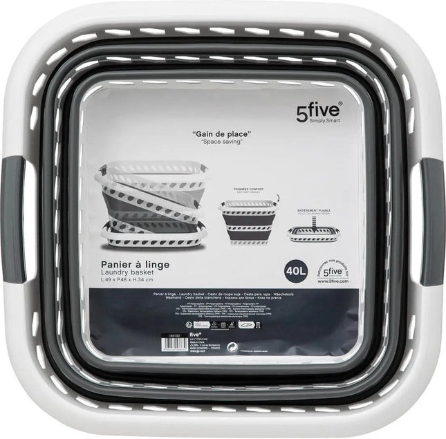 5Five Panier à linge pliable avec poignées - 2x - plastique - 40L - gris/blanc - 48 x 34 x 49 cm