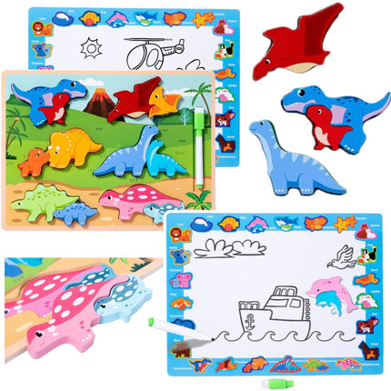 Plateau de Puzzle Éducatif Dinosaure en Bois 2-en-1 - Avec Planche à Dessin et Marqueur Effaçable - 12 Pièces - Puzzle et Tableau à Dessin - 2 en 1 - Tableau Blanc