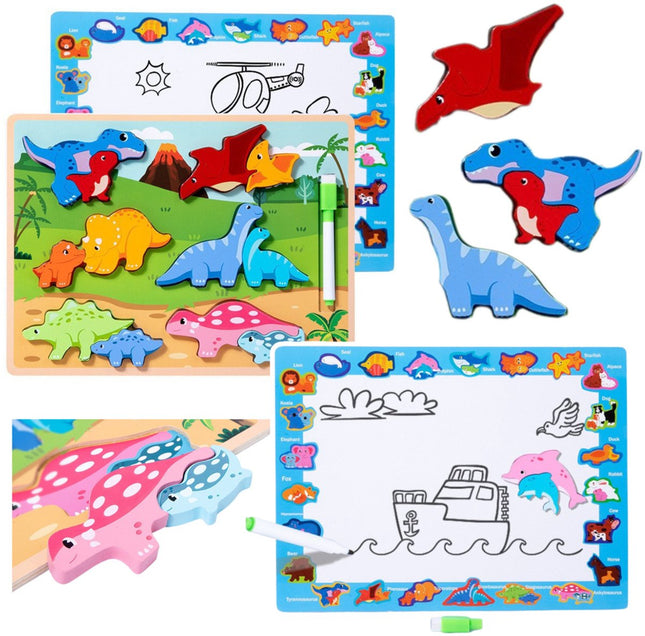 Plateau de Puzzle Éducatif Dinosaure en Bois 2-en-1 - Avec Planche à Dessin et Marqueur Effaçable - 12 Pièces - Puzzle et Tableau à Dessin - 2 en 1 - Tableau Blanc