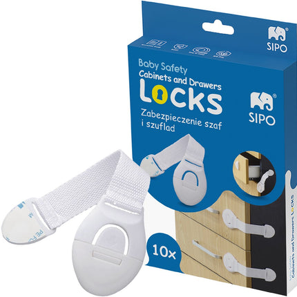 SIPO Sécurité Armoire - Set de 10 Pièces Sécurité Enfant pour Armoires et Tiroirs - Avec Système de Clic et Ruban Adhésif - SBS-216 - Protection Bébé et Enfants contre les armoires et tiroirs