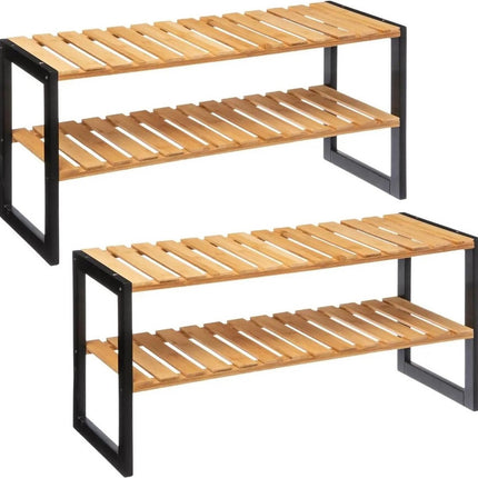 5Five Étagère à chaussures - 2x - marron - bambou/métal - 6 paires de chaussures - 70 x 34 cm - Rangement de chaussures - Étagères à chaussures