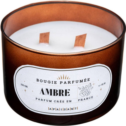 Bougie parfumée en verre, 470 g, parfum ambre - Mèche en bois - Mèche crépitante - Bougie
