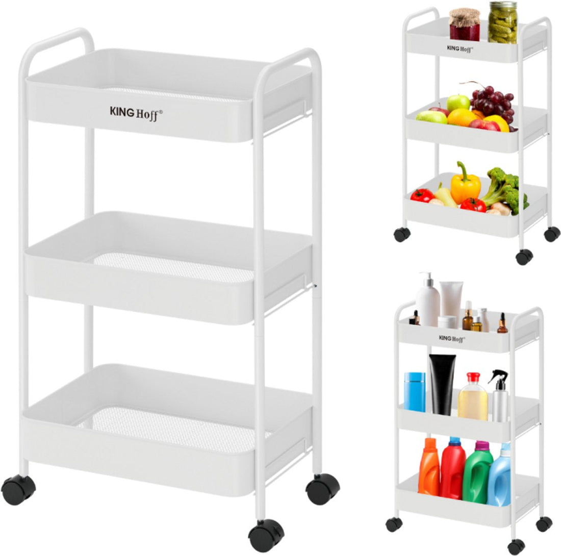 Kinghoff KH-1942 Mobile 3-Tier Shelving Cart - Rolling Storage Cart with Wheels - White - Bathroom Organizer - Kitchen Organizer