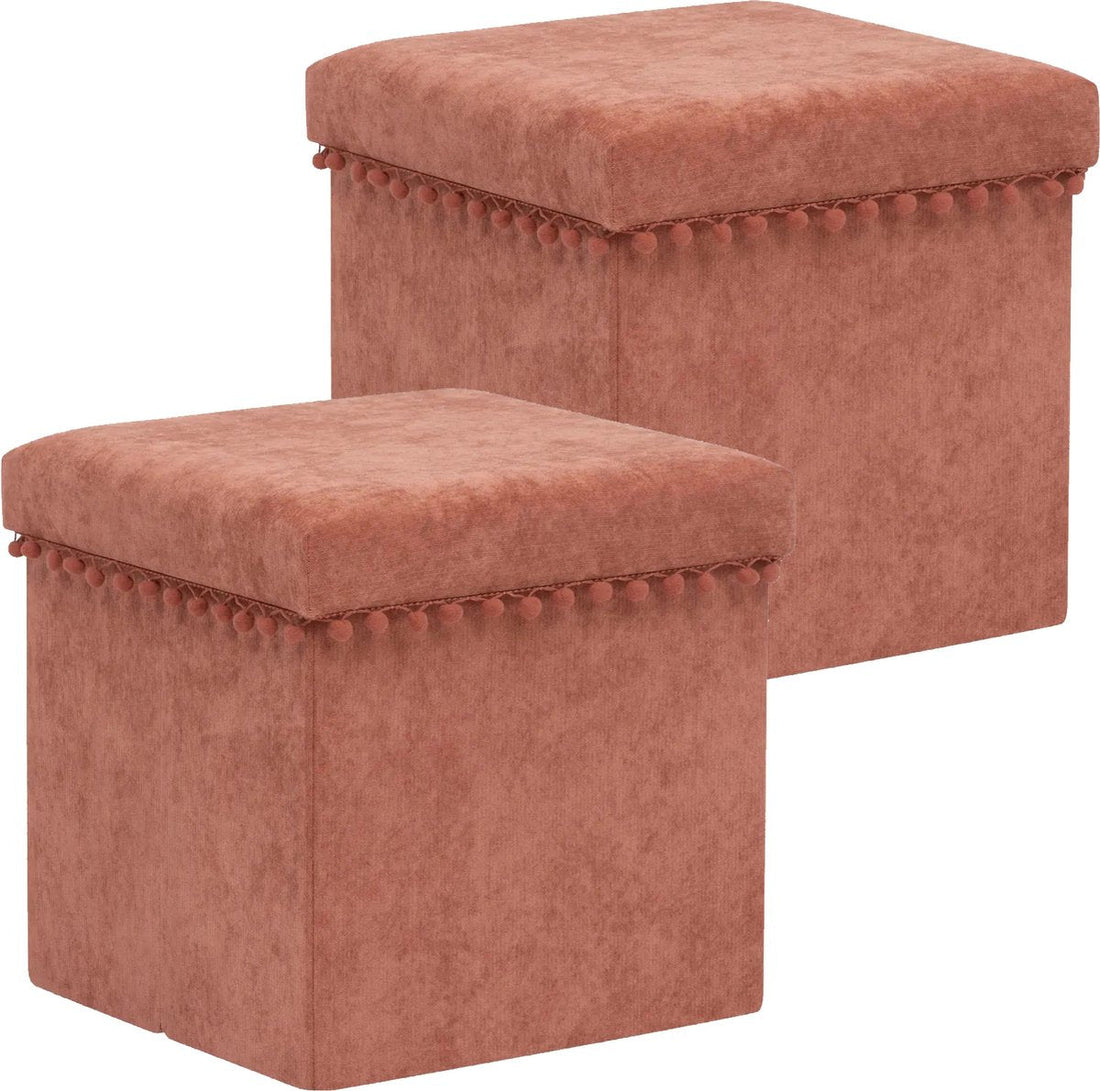 Atmosphera Pouf/Hocker/Ottomane Arabic – 2x – Faltbare Sitzaufbewahrungsbox – Samt Steinrot – D38 x H38 cm – MDF/Polyester