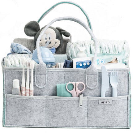 SIPO Sac Organisateur de Couches - Panier de Rangement pour Accessoires de Bébé - Caddy en Feutre Gris avec Poignée - 3 Compartiments + 8 Poches - Gris / Menthe - Sac de Commode - Organisateur de Commode