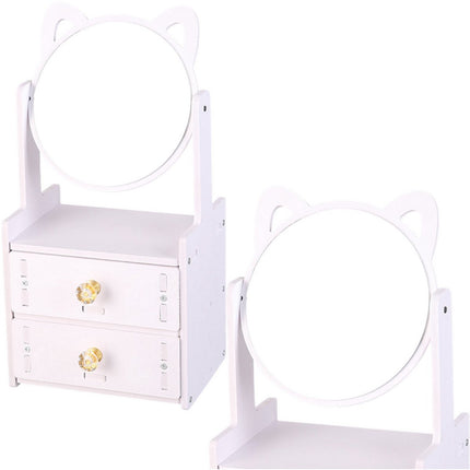 Mini table de maquillage avec miroir et 2 tiroirs - Commode blanche en bois pour bijoux et maquillage - Meuble de rangement compact - Miroir de maquillage - Organisateur de maquillage - Miroir de coiffeuse avec oreilles de chat
