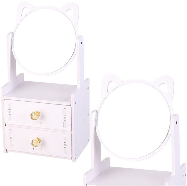 Mini table de maquillage avec miroir et 2 tiroirs - Commode blanche en bois pour bijoux et maquillage - Meuble de rangement compact - Miroir de maquillage - Organisateur de maquillage - Miroir de coiffeuse avec oreilles de chat