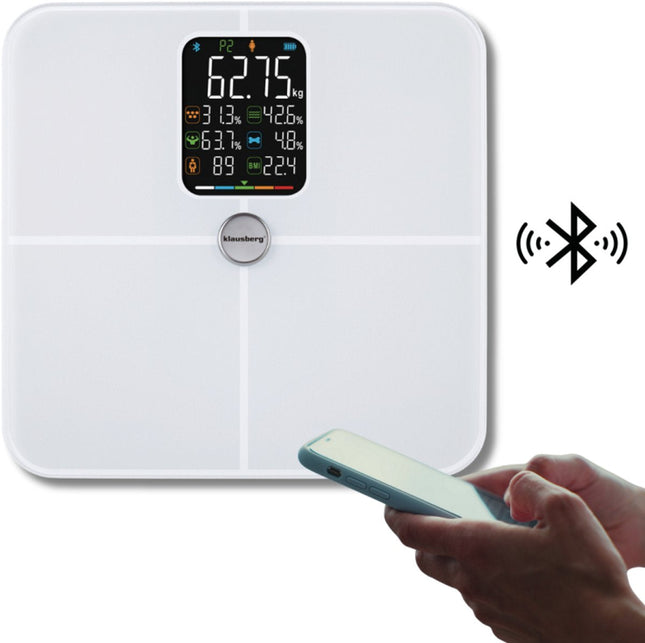 Klausberg KB-7941 Pèse-personne intelligent – Blanc – 180 kg – Analyse corporelle BIA – Bluetooth – Pourcentage de graisse, masse musculaire et IMC – Verre trempé