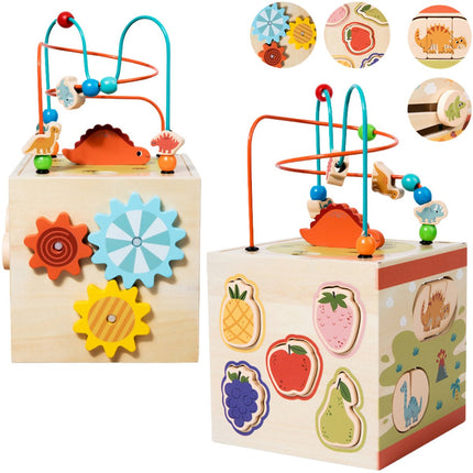 Cube d'activités Montessori en bois 5 en 1 - Cube d'activités éducatif avec perles - Jouet en bois pour enfants à partir de 3 ans - Jouet d'apprentissage de la motricité -