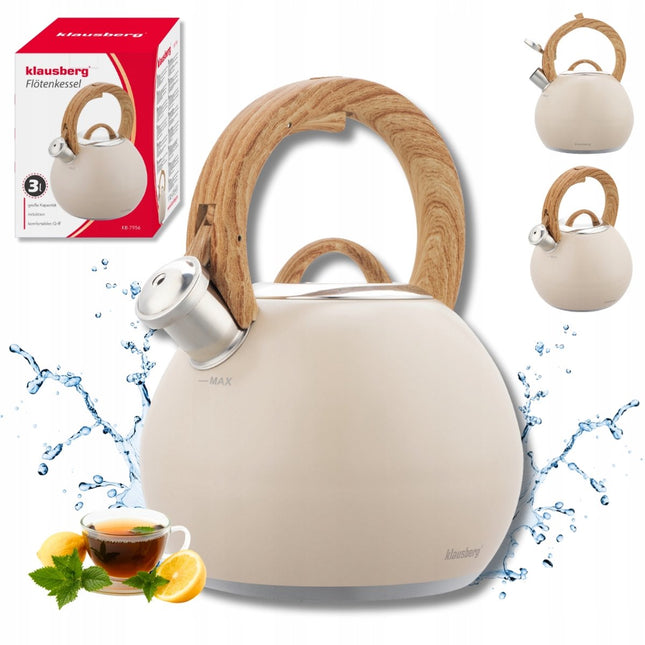 KLAUSBERG KB-7956 Bouilloire Sifflante 3 L – Beige Mat – Poignée effet bois – Acier inoxydable – Induction – Avec Sifflet