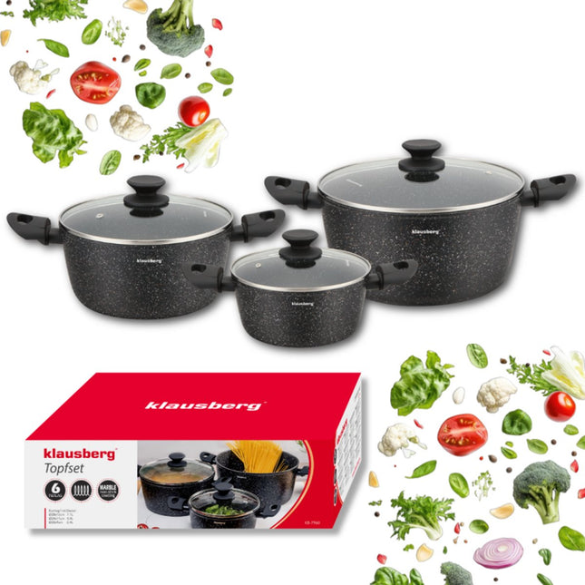 Klausberg KB-7960 – Lot de 3 casseroles – Revêtement antiadhésif en marbre – Compatible induction – 20/24/28 cm – Couvercles en verre inclus