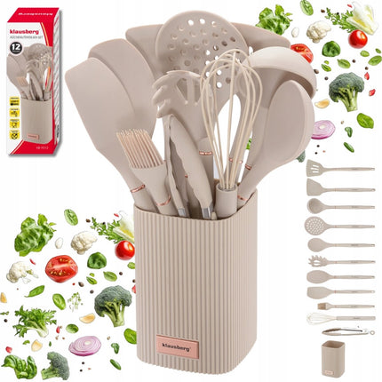 Klausberg Ensemble d'ustensiles de cuisine 12 pièces avec support – Ustensiles de cuisine en silicone – Résistant à la chaleur 220°C – Beige
