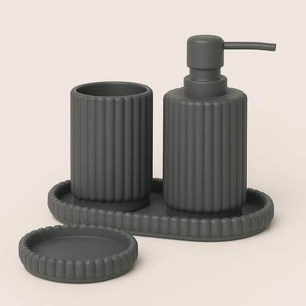 Ensemble de 4 Pièces Gris pour Salle de Bain et Cuisine - Distributeur de Savon, Porte-Savon, Porte-Brosse à Dents et Plateau - Design Moderne en Résine - Pompe à Savon - Kit de Savon