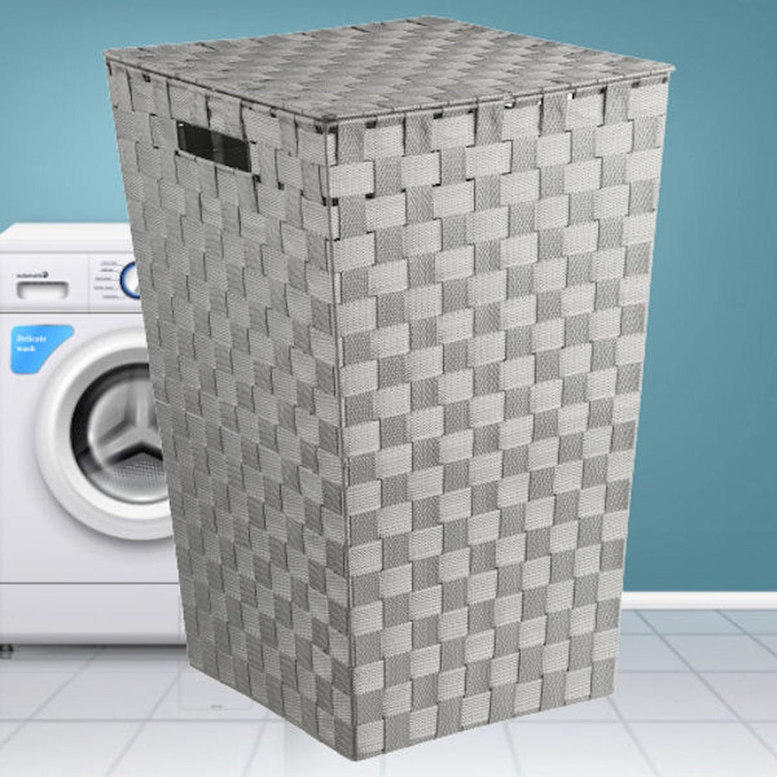 Wasmanden met deksel - 60 Liter - Geweven wasmand - Wasbox met optil deksel - Polypropyleen - Afm 33x33x53 Cm - Grijs