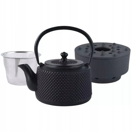 KINGHOFF - Service à Thé en Fonte avec Théière (0,8L), Infuseur en Acier Inoxydable et Chauffe-plat - Noir