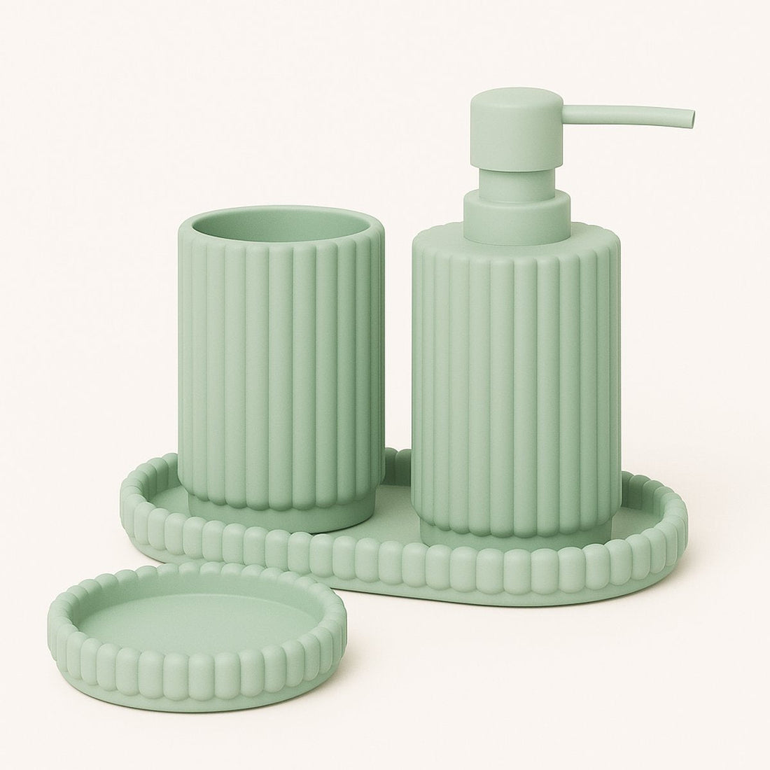 4-Piece Light Green Bathroom & Kitchen Set - Soap Dispenser, Soap Dish, Toothbrush Holder and Tray - Modern Resin Design - Soap Pump - Soap Set