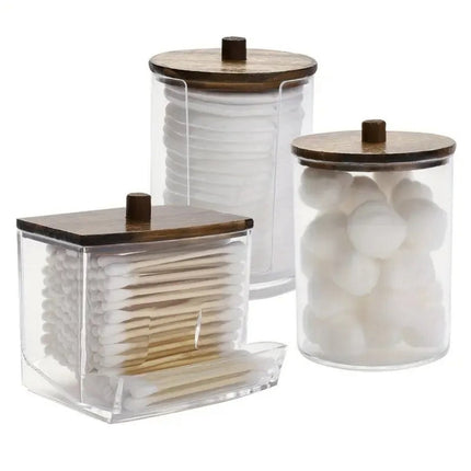 Ensemble de 3 Boîtes de Rangement pour Cotons – Organisateur de Salle de Bain avec Couvercles en Bois pour Coton-Tiges, Disques de Coton et Boules de Coton – Marron Foncé – Anti-Poussière