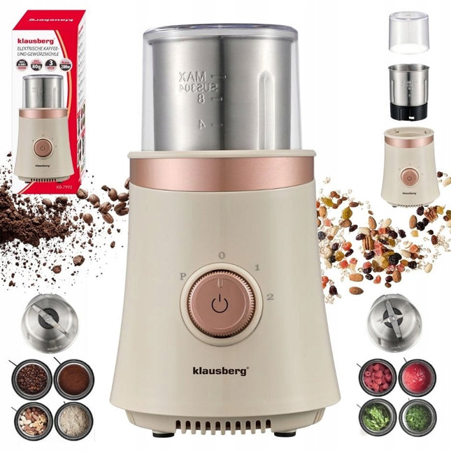 KLAUSBERG KB-7993 Moulin à Café et à Épices Électrique 2-en-1 – 200W – Bols en Inox – Mouture Sèche & Humide – 3 Vitesses – Capacité 80g – Beige/Cuivre