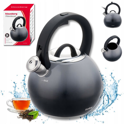 KLAUSBERG KB-7955 Bouilloire Sifflet 3 L – Bouilloire – Graphite Brillant – Inox – Doux au Toucher – Induction – Avec Sifflet