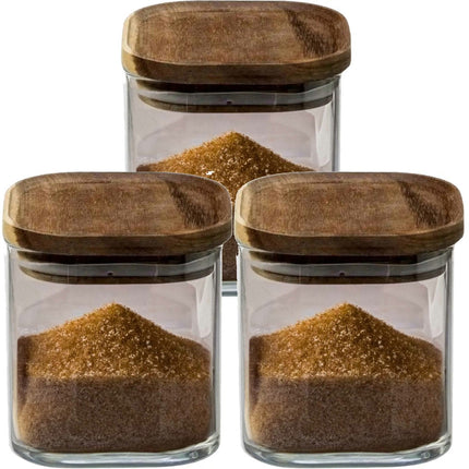 5Five Pot de rangement alimentaire - 4 pièces - verre avec couvercle en bois d'acacia - 600 ml - avec couvercle hermétique