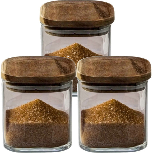5Five Pot de rangement alimentaire - 4 pièces - verre avec couvercle en bois d'acacia - 600 ml - avec couvercle hermétique