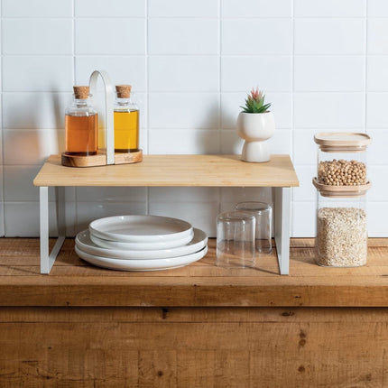 5Five Étagère de cuisine/plan de travail - métal/bambou - 50 x 30 x 18 cm - organiseur de cuisine - naturel/blanc - rehausseur