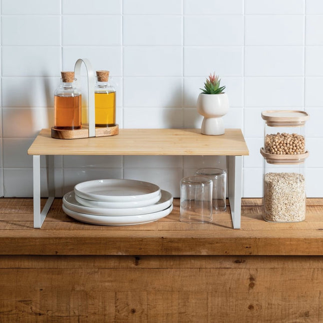5Five Étagère de cuisine/plan de travail - métal/bambou - 50 x 30 x 18 cm - organiseur de cuisine - naturel/blanc - rehausseur