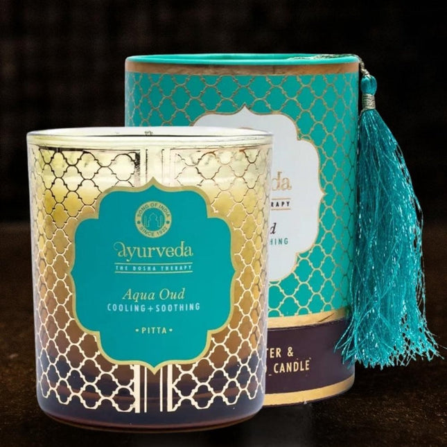 Bougie parfumée de luxe en beurre de coco et cire de soja avec bois d'agar Assem, ayurvédique, Pitta, Song of India