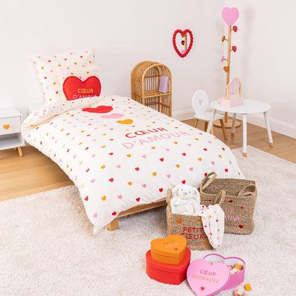 Atmosphera Kids Parure de lit 1 housse de couette 140x200cm/1 taie d'oreiller 65x65cm - Cœur d'Amour