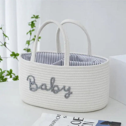 Panier à couches pour bébé pour la commode – Panier de rangement à 3 compartiments et poignées – Blanc avec lettres grises Bébé – Organisateur pour couches, lingettes et accessoires – Sac à langer Panier de rangement pour commode – Organisateur pour bébé