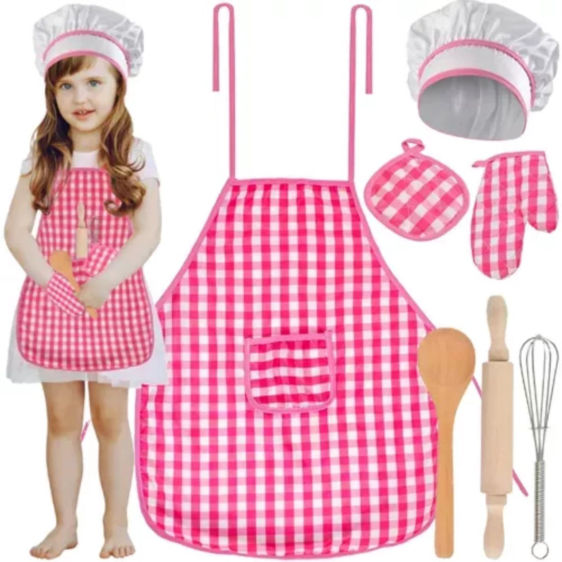 Kruzzel Kids Cooking Set - 7-Piece Chef Outfit - Pink and White Checkered - Stimulate Culinary Skills