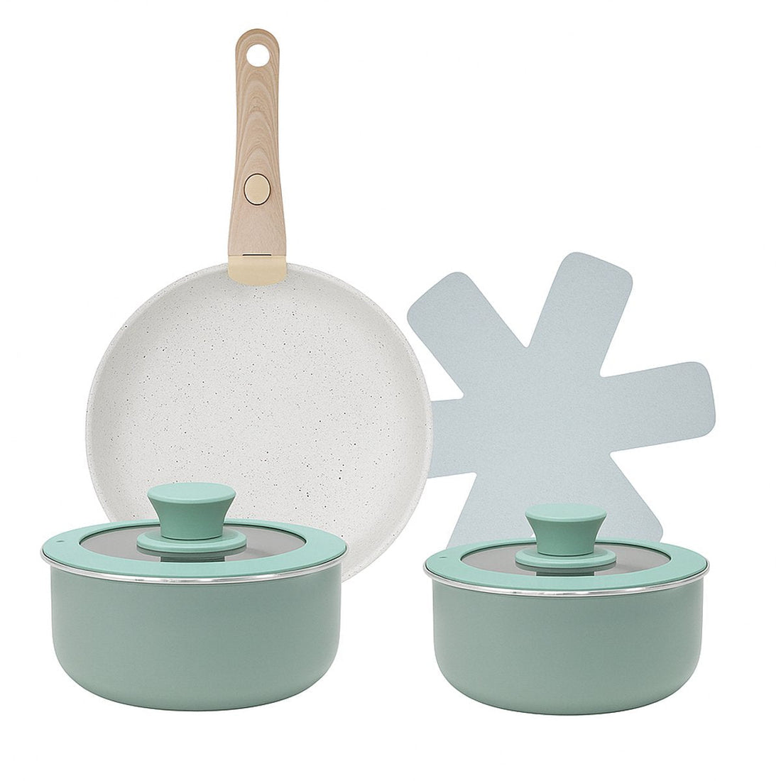8-delige pannenset mintgroen – afneembare houten handgreep, ook inductie