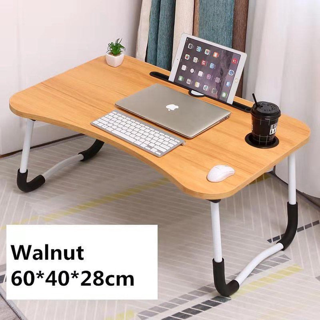Bed tray for laptop, iPad, tablet, book, homework or breakfast in bed - Foldable laptop table with cup holder - 60x40x28 - wood
