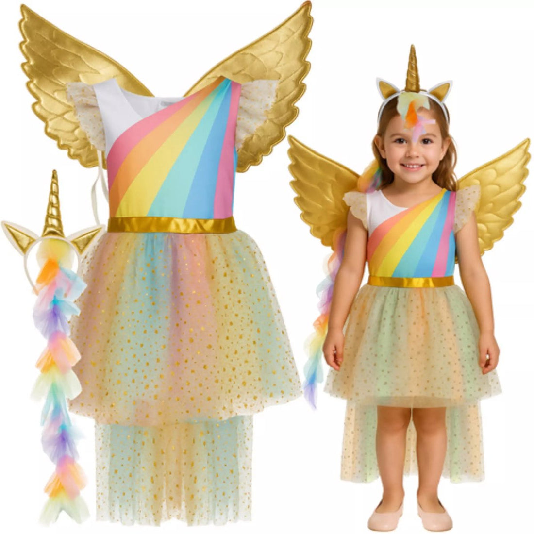 Kruzzel Einhorn Kostüm 122–128 cm – Kleid, Flügel & Stirnband