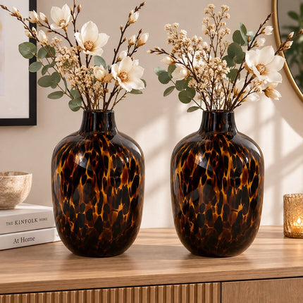 Set de 2 Vases en Verre Imprimé Léopard - Hauteur 25,5 cm - Motif Animal - Vase à Fleurs Moderne