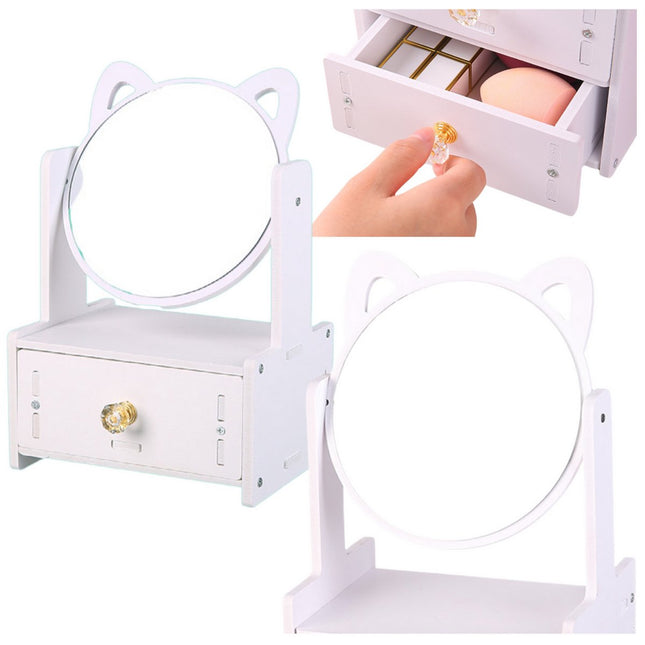 Miroir de Maquillage de Luxe avec Tiroir - Miroir de Coiffeuse en Bois Blanc - Rotation à 360° - Système de Rangement pour Cosmétiques et Bijoux - Miroir de Maquillage - Organisateur de Maquillage - Boîte à Bijoux
