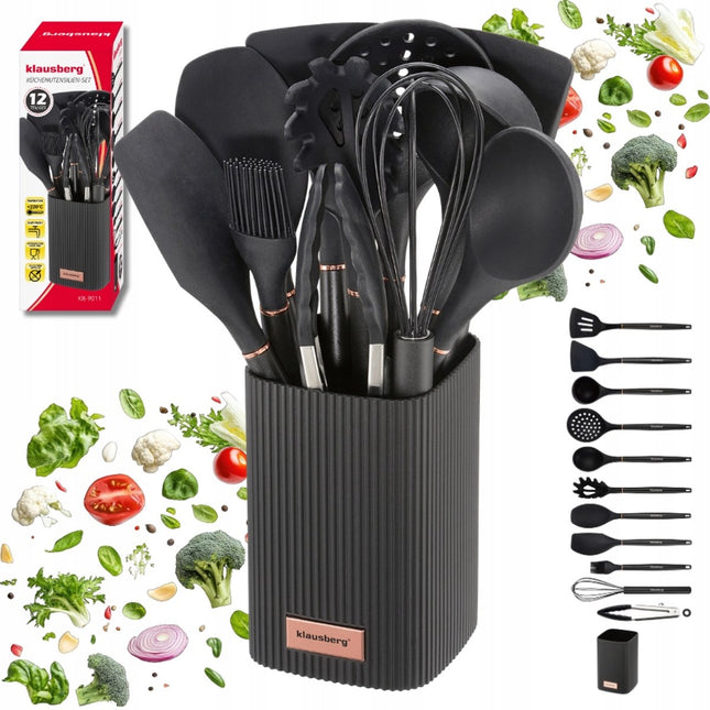 Klausberg Set d'ustensiles de cuisine 12 pièces avec support – Ustensiles de cuisine en silicone – Résistant à la chaleur 220°C – Noir