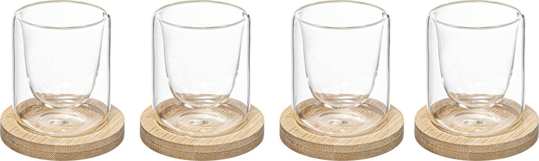 Secret de gourmet Espressotassenset 4 Stück mit Untersetzer aus Bambus – doppelwandig – 8 cl – In Geschenkbox