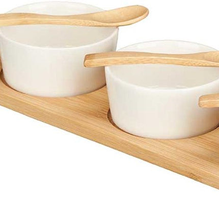 Planche de service Kinvara avec coupelle/bol - 7 pièces - porcelaine/bambou - 3 cuillères - apéritif