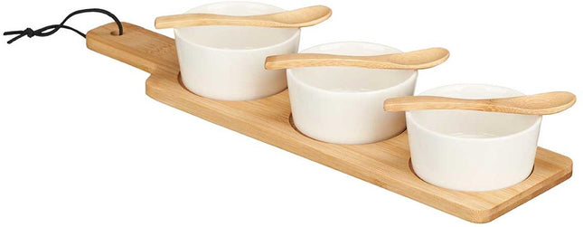 Planche de service Kinvara avec coupelle/bol - 7 pièces - porcelaine/bambou - 3 cuillères - apéritif