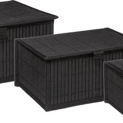 Set van 3x bamboe opbergdozen met deksel rechthoek zwart - Kast-/badkamer mandjes verschillende formaten