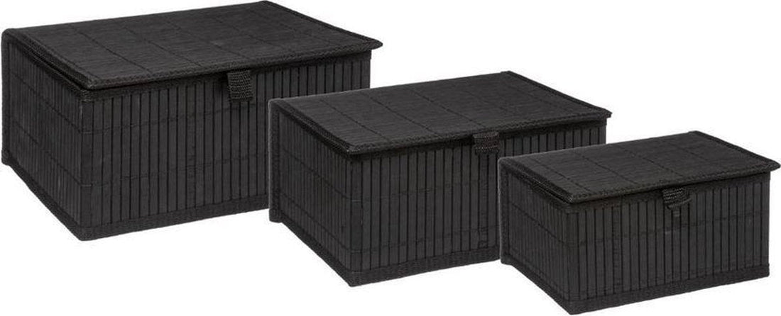 Set of 3 bamboo storage boxes with lids, rectangular, black - Cabinet/bathroom baskets in various sizes