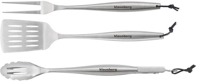 Klausberg KB-7900 Set de barbecue – Kit de gril 3 pièces en inox (Spatule, Fourchette à viande & Pince) - Coffret cadeau - Convient aux amateurs de Kamado / Weber