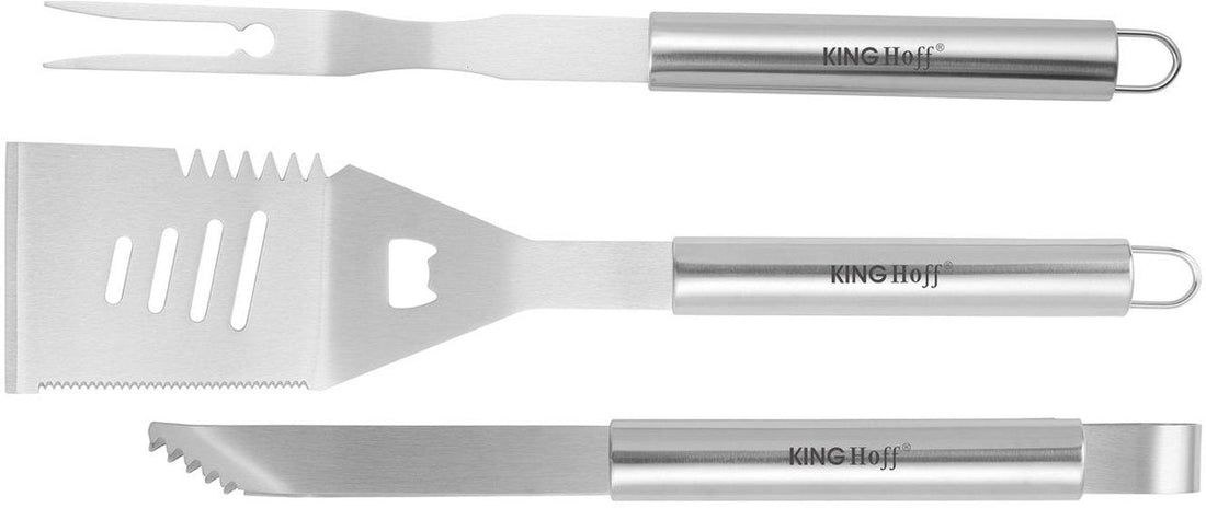 Kinghoff KH-1919 Grillbesteck-Set 3-teilig – Edelstahl-Grillset mit Spatel, Gabel und Zange – Robuster Stahl, ergonomische Griffe – Geeignet für Kamado